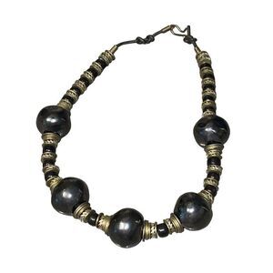 Vintage Leather Brass Black Onyx and Hematite Tribe Necklace